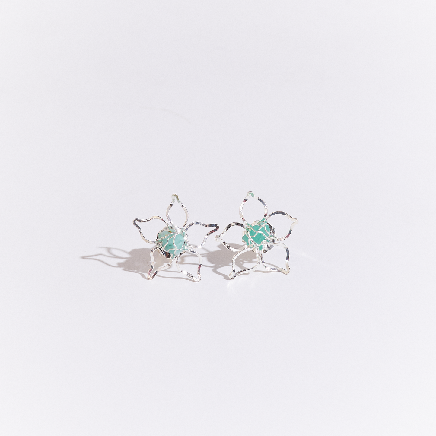 Mini Emerald Lotus Flower Earrings Silver
