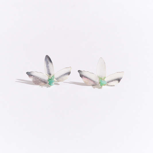 Silver Three Petal Emerald Earrings