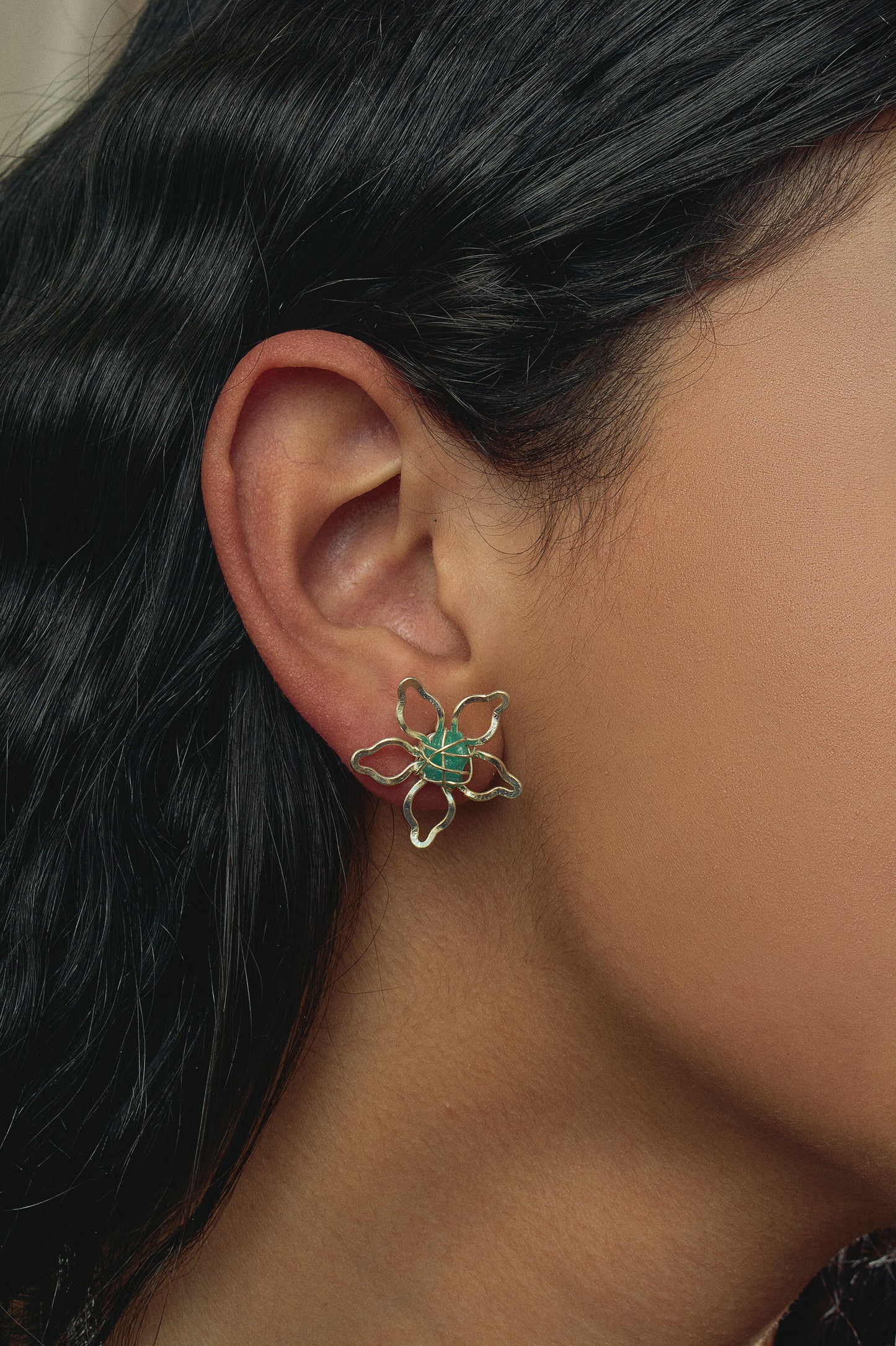Mini Emerald Lotus Flower Earrings Silver